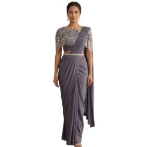 Owlsky Women Ready-to-Wear One Minute Saree with Embellished Fringed Cape Blouse & Handcrafted Belt | Imported Georgette Wedding & Festive Saree | Pre-Draped Saree