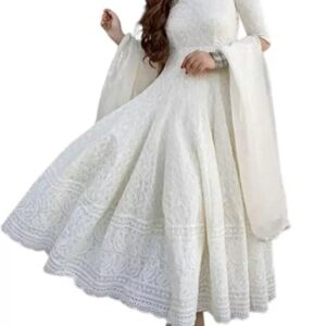 Royal Export Women's Cotton Blend White Chikankari Anarkali Gown with Dupatta | Dresses for Girls | Pant Not Included ||