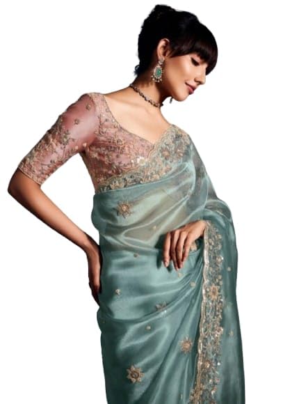 Flosive Women's Havy Organza Silk Saree With Unstitched Blouse Piece - Party & Wedding Were - Image 6