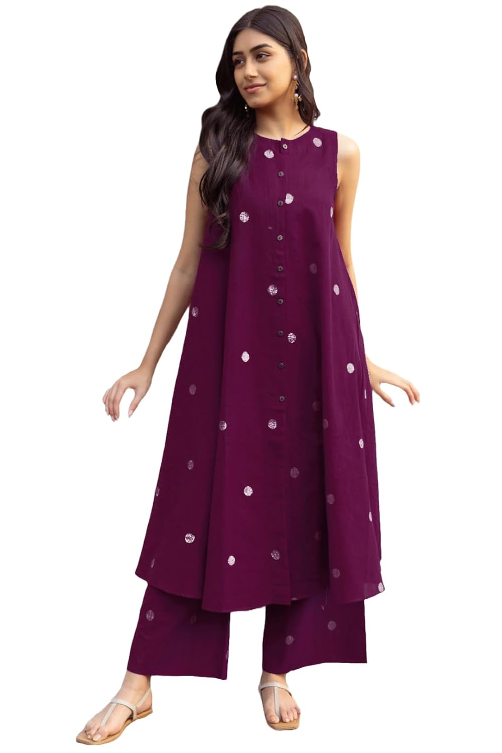 ANNI DESIGNER Women's Cotton Printed Maroon Hand-Print Kurta Set|A-Line Kurta With Palazzo|Co-Ord Set|Ethnic & Stylish Two Piece Dress|Casual & Office Wear Coord Set - Image 2