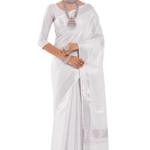 Women's Kerala Tissue Plain Saree with Running Blouse| Onam & Vishu Kani Special | Traditional Kasavu White Colour