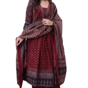 KLOSIA Women's Rayon Printed Anarkali Kurta and Pant with Dupatta Set