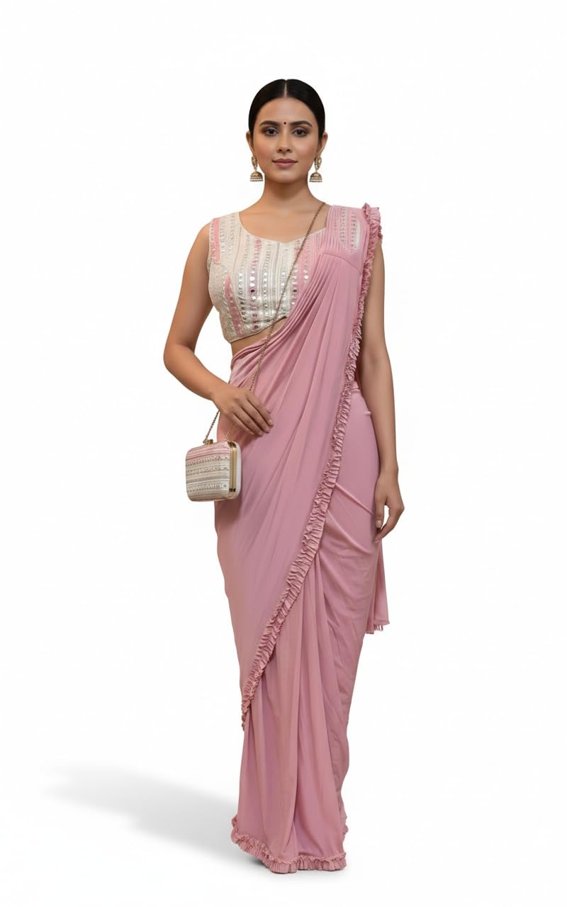 OWLSKY, SASSY & STYLO Women's Imported Georgette Ready to Wear Saree | One Minute Saree With stitched Blouse Piece | Ruffle Border | Ready to Wear Drape | Wedding & Festive Saree for Women