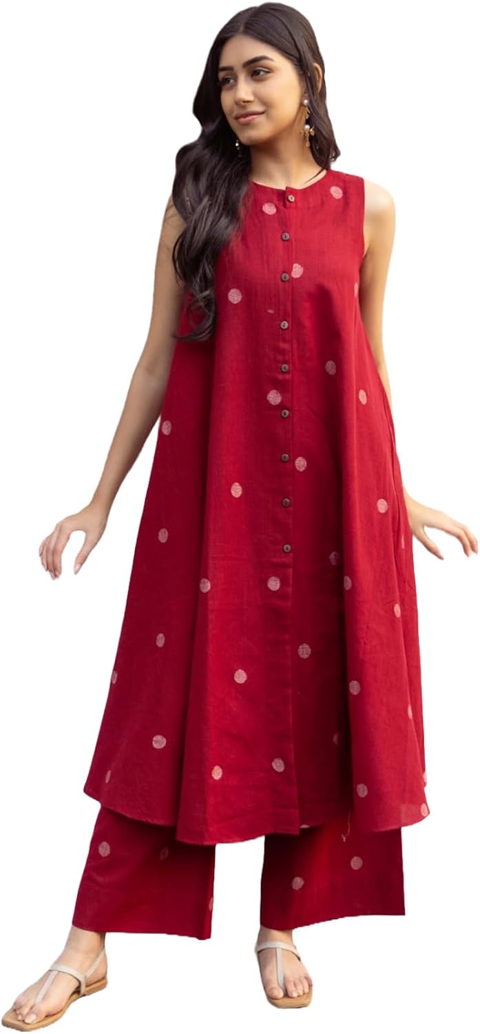 ANNI DESIGNER Women's Cotton Printed Maroon Hand-Print Kurta Set|A-Line Kurta With Palazzo|Co-Ord Set|Ethnic & Stylish Two Piece Dress|Casual & Office Wear Coord Set - Image 7
