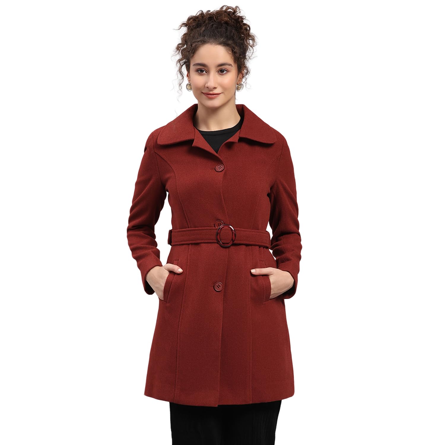Monte Carlo Womens Regular Fit Solid Button Full Sleeve Winter Coat | Warm Woolen Overcoat for Ladies | Stylish Long Sleeve Buttoned Jacket (Pack Of 1)