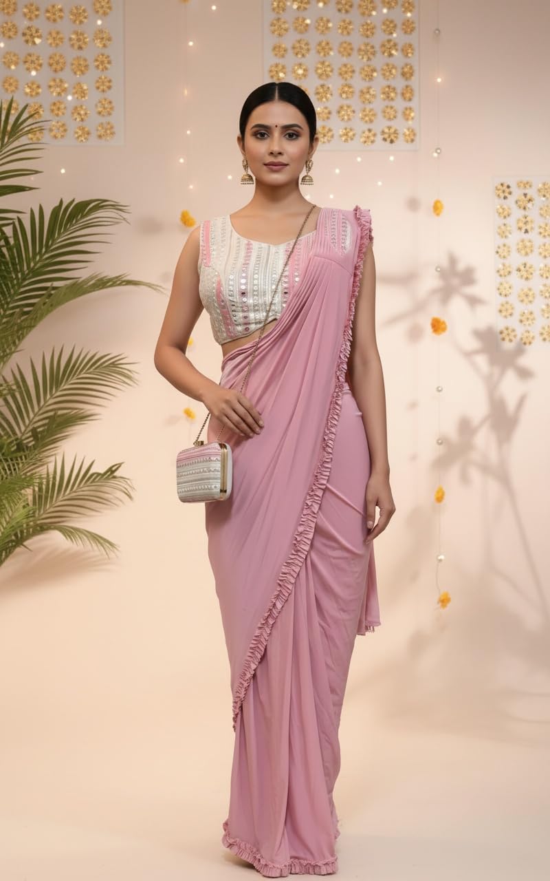 OWLSKY, SASSY & STYLO Women's Imported Georgette Ready to Wear Saree | One Minute Saree With stitched Blouse Piece | Ruffle Border | Ready to Wear Drape | Wedding & Festive Saree for Women - Image 6