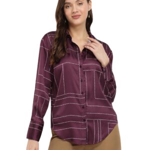FableStreet Women Formal Shirt | Comfort Fit Long Sleeve Spread Collar Abstract Geometric Print | Satin Fabric with Curved Hem for Office