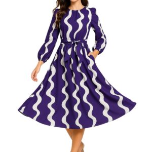 Leriya Fashion Women’s A-Line Midi Dress | Long Sleeve Belted Fit and Flare Gown | Elegant Printed Casual Outfit