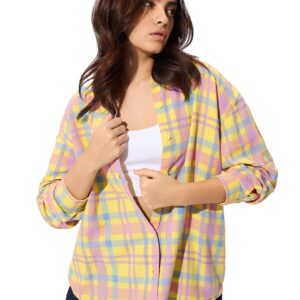 The Souled Store Plaid Shirt: Citron Women and Girls Long Sleeves Collared Neck Button Front Cotton Boyfriend Shirts