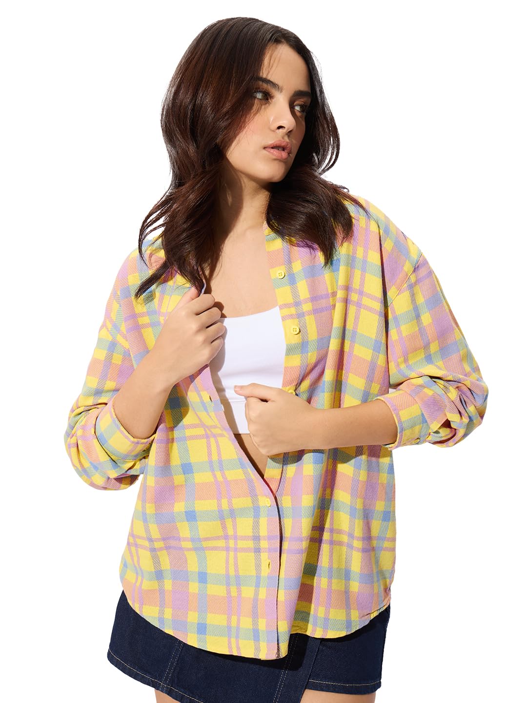 The Souled Store Plaid Shirt: Citron Women and Girls Long Sleeves Collared Neck Button Front Cotton Boyfriend Shirts