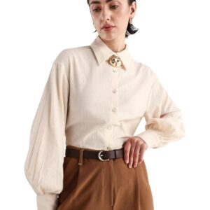Rareism Women's Molfetta Light Off White Cotton Blend Drop Collar Plain Bishop Sleeve Regular Fit Shirt
