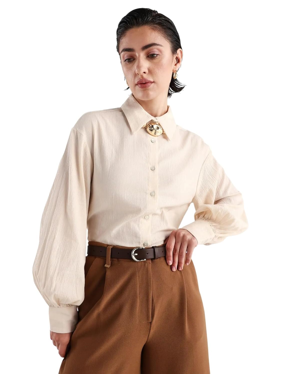 Rareism Women's Molfetta Light Off White Cotton Blend Drop Collar Plain Bishop Sleeve Regular Fit Shirt