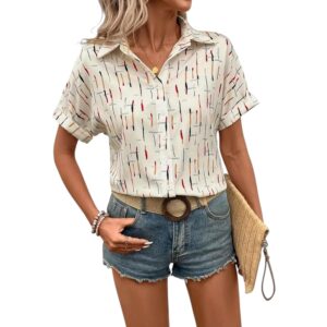 Gufrina Women’s Short Sleeve Button Down Shirt with Abstract Brushstroke Print in Beige and Multicolor - Lightweight Casual Summer Top for Relaxed Fit