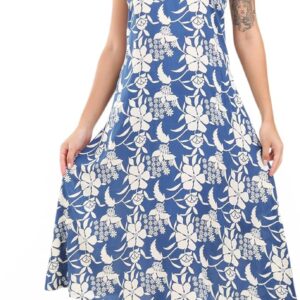 Women's Midi Dress, Blue with White Floral Print, M, Casual, Rayon, V-Neck, Sleeveless