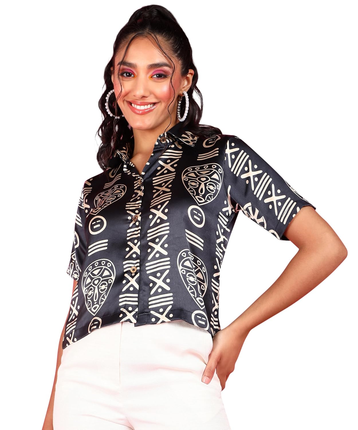 POPWINGS Ethnic Printed Cotton Half Sleeves Regular Fit Crop Shirts for Women Stylish Western Casual Wear - Image 8