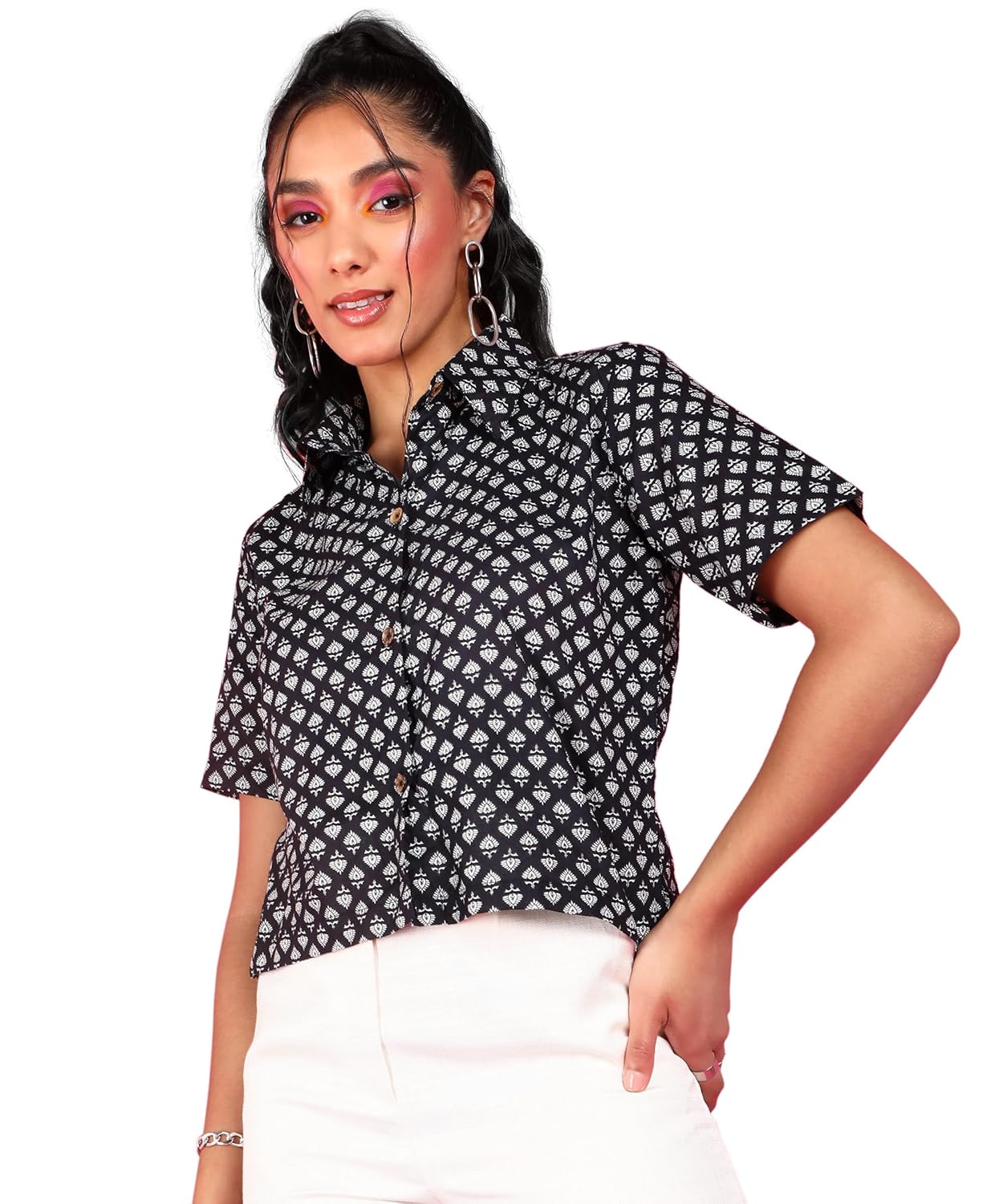 POPWINGS Ethnic Printed Cotton Half Sleeves Regular Fit Crop Shirts for Women Stylish Western Casual Wear - Image 6