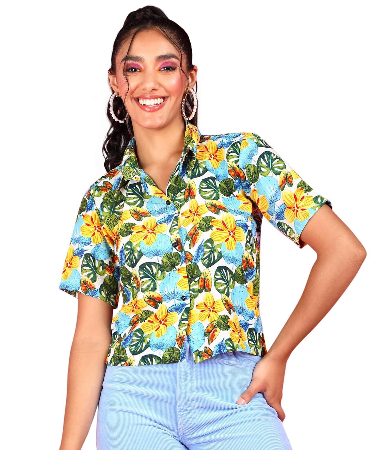 POPWINGS Ethnic Printed Cotton Half Sleeves Regular Fit Crop Shirts for Women Stylish Western Casual Wear - Image 5