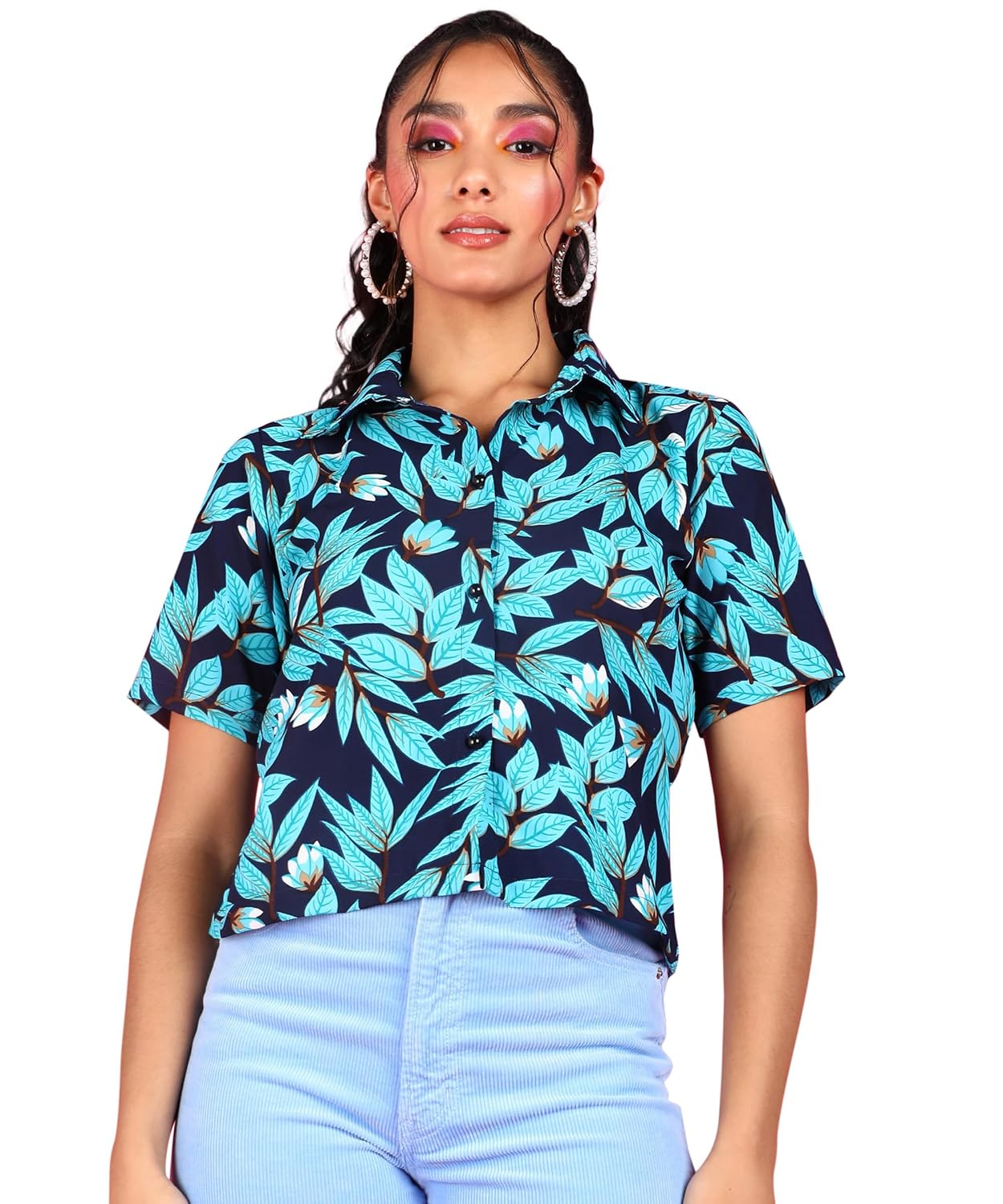 POPWINGS Ethnic Printed Cotton Half Sleeves Regular Fit Crop Shirts for Women Stylish Western Casual Wear - Image 7