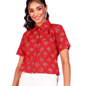 POPWINGS Ethnic Printed Cotton Half Sleeves Regular Fit Crop Shirts for Women Stylish Western Casual Wear