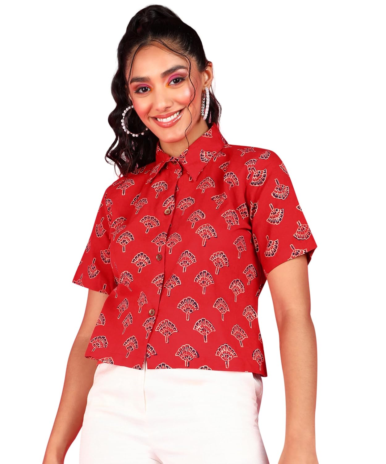 POPWINGS Ethnic Printed Cotton Half Sleeves Regular Fit Crop Shirts for Women Stylish Western Casual Wear