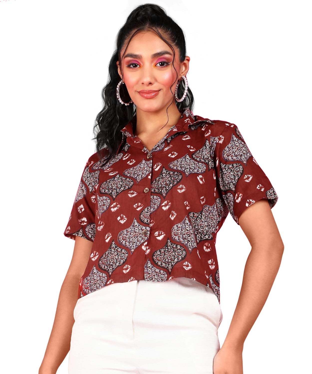 POPWINGS Ethnic Printed Cotton Half Sleeves Regular Fit Crop Shirts for Women Stylish Western Casual Wear - Image 3
